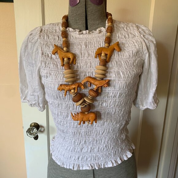 VTG Statement Necklace African Wood Carved Animals Chunky Handmade Cheetah Rhino - Picture 1 of 5